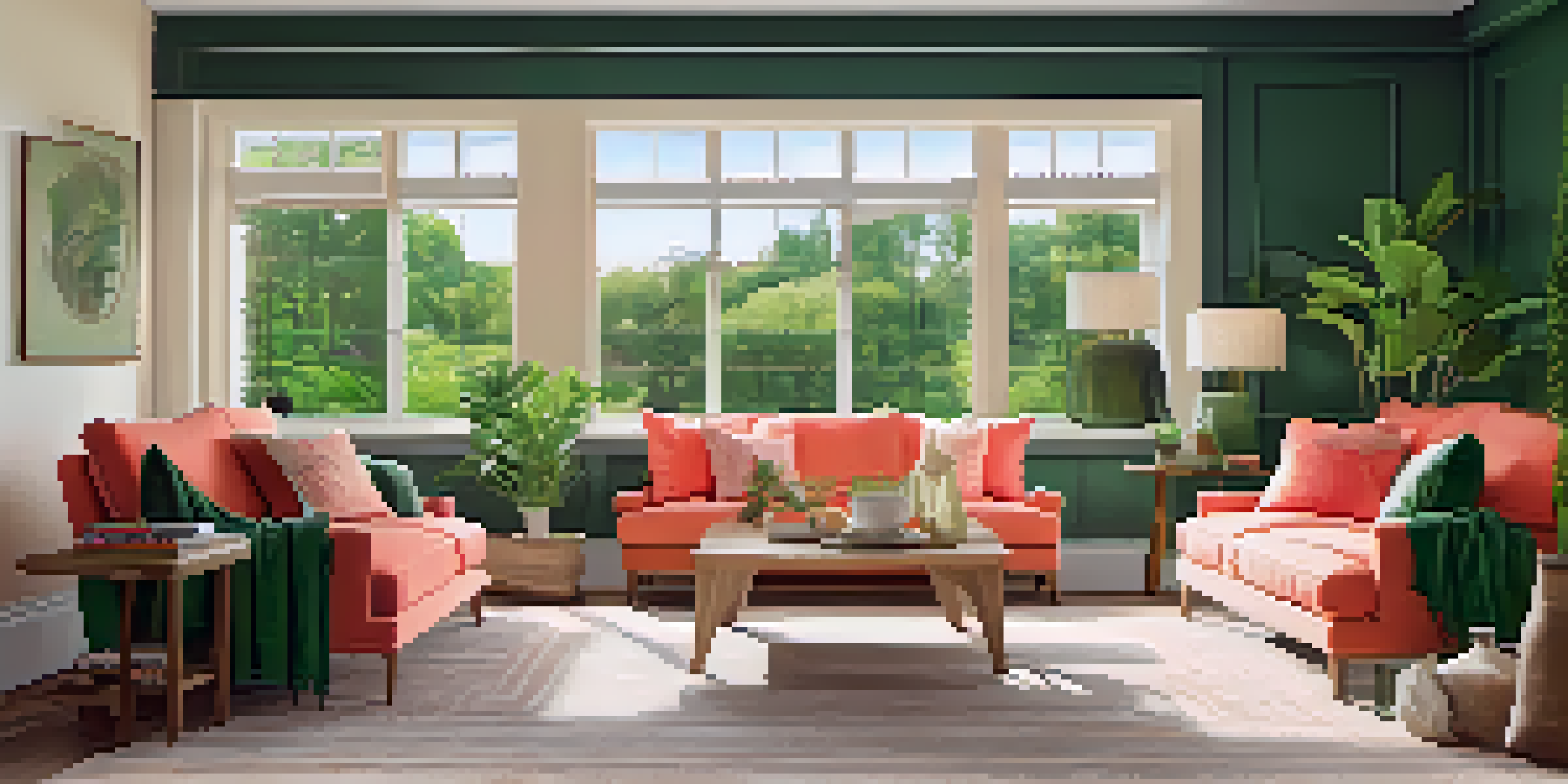 A cozy living room with a forest green wall, coral cushions on a beige sofa, and green plants on a wooden coffee table, illuminated by natural light.