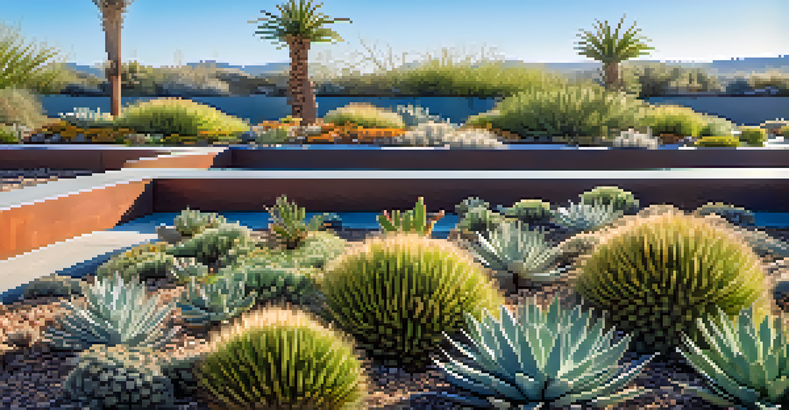 A close-up view of a green roof featuring drought-resistant plants and an irrigation system under a blue sky.
