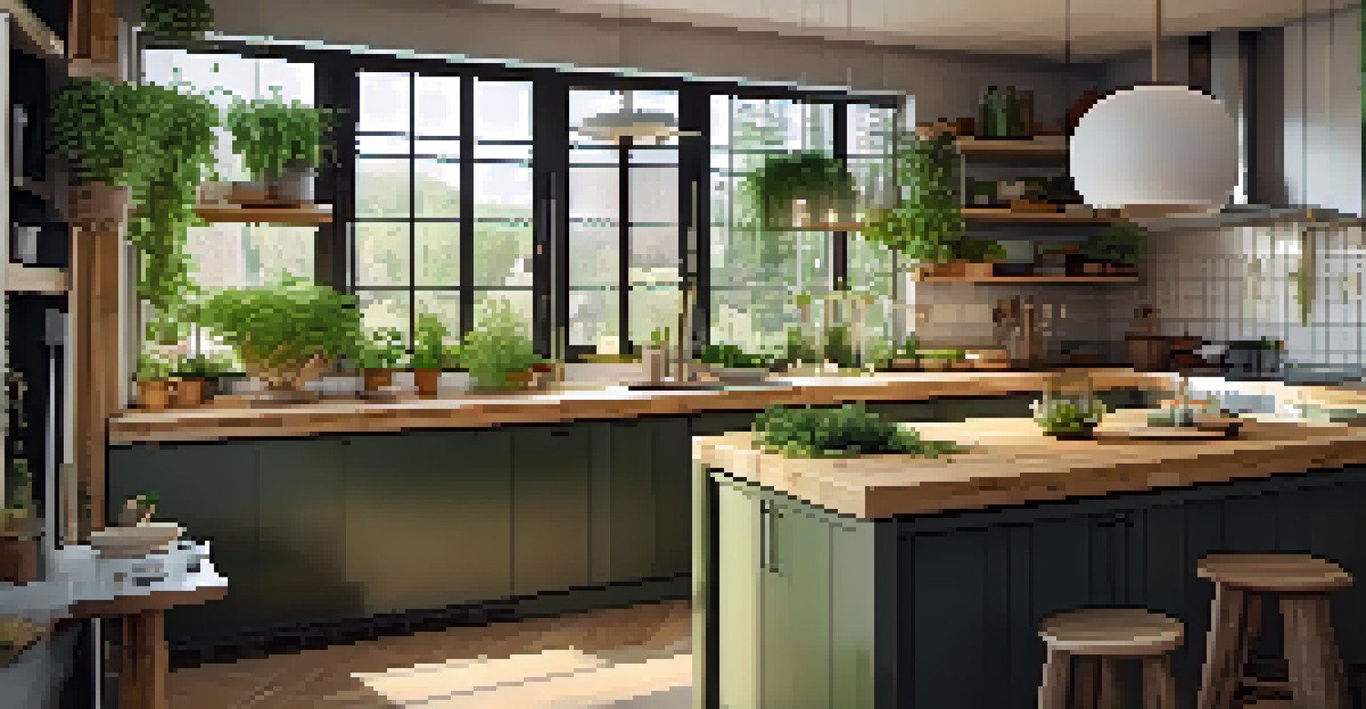An eco-friendly kitchen featuring bamboo countertops and recycled glass cabinets, filled with natural light.