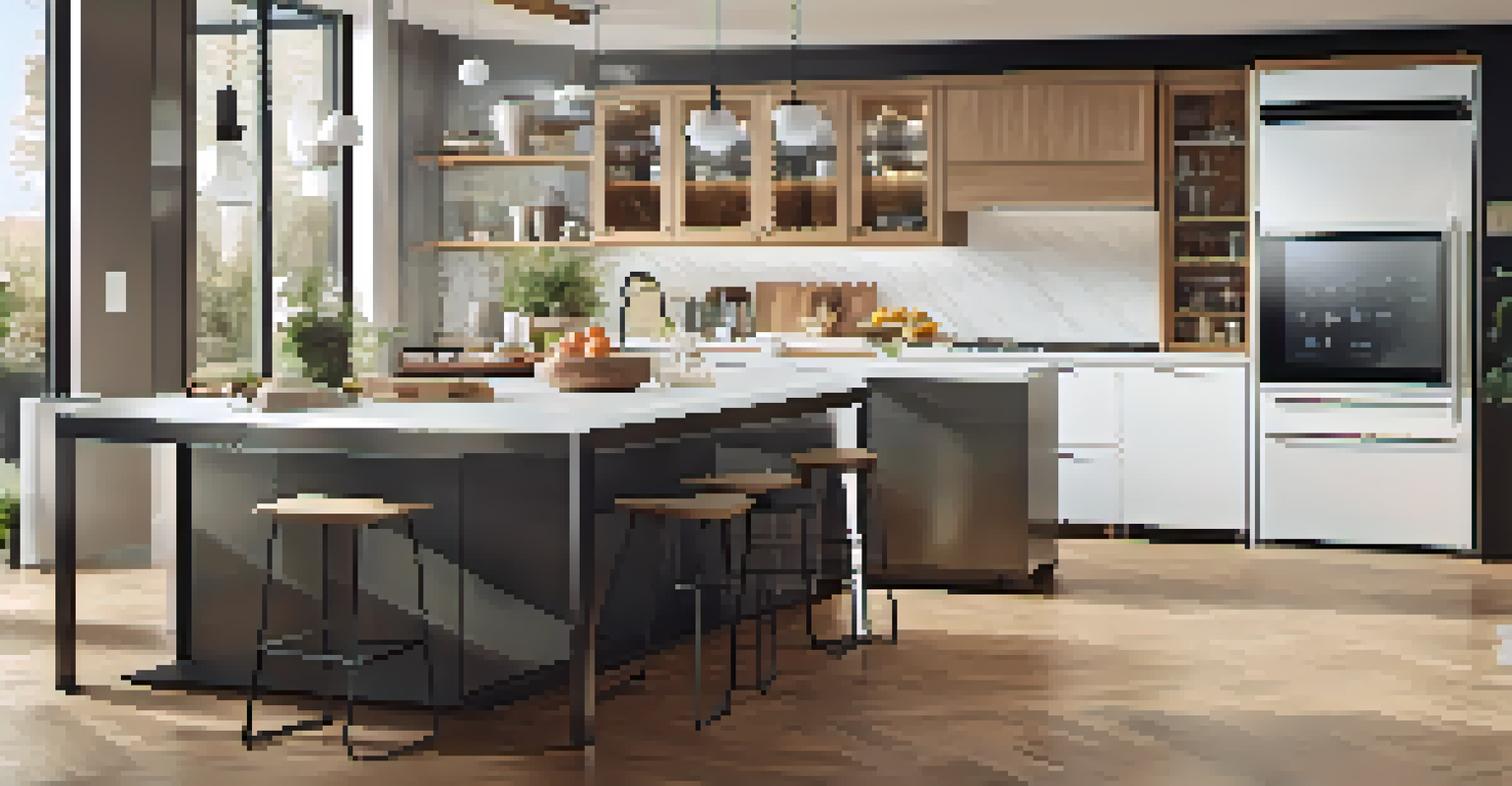 A modern kitchen with smart appliances and a smartphone displaying cooking controls.