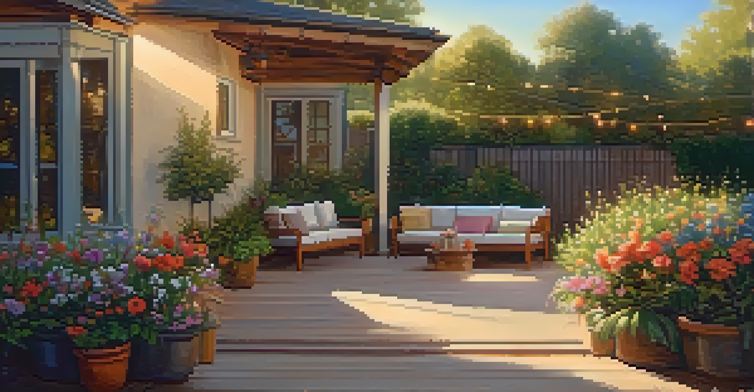 A serene outdoor garden with a wooden patio, colorful flowers, and warm sunlight creating a tranquil atmosphere.