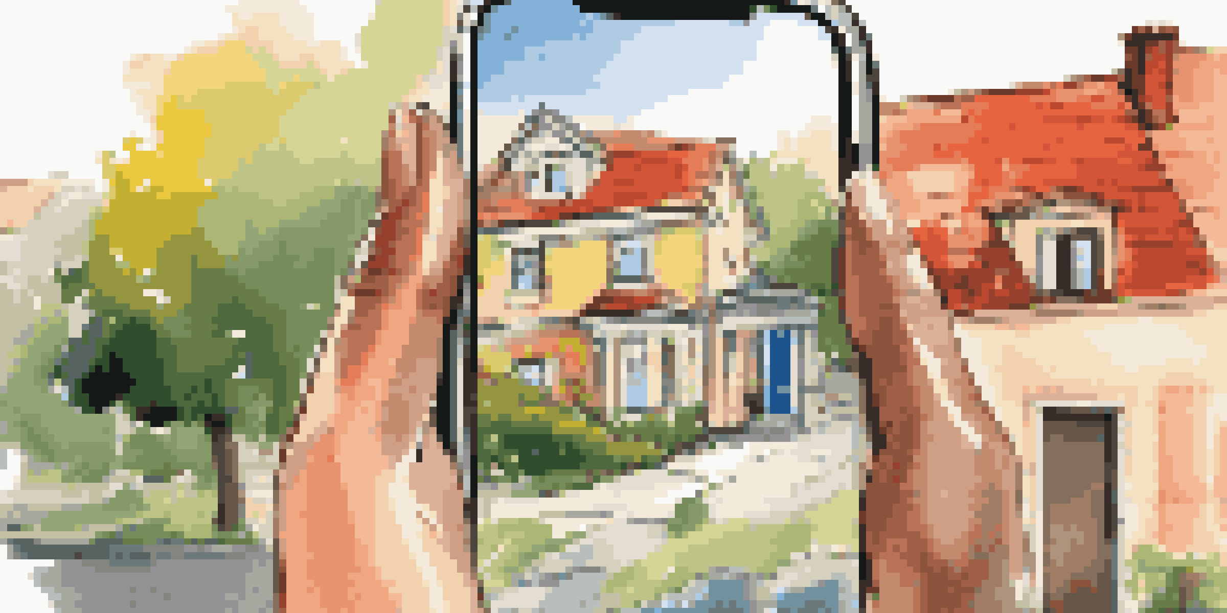 A close-up of a hand reaching for a mobile phone that displays a real estate app with colorful property images and a map, illuminated by sunlight.