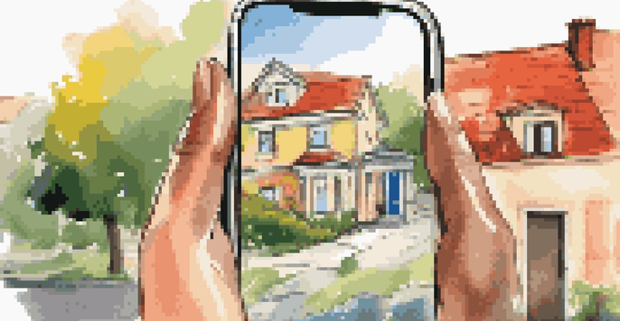 A close-up of a hand reaching for a mobile phone that displays a real estate app with colorful property images and a map, illuminated by sunlight.