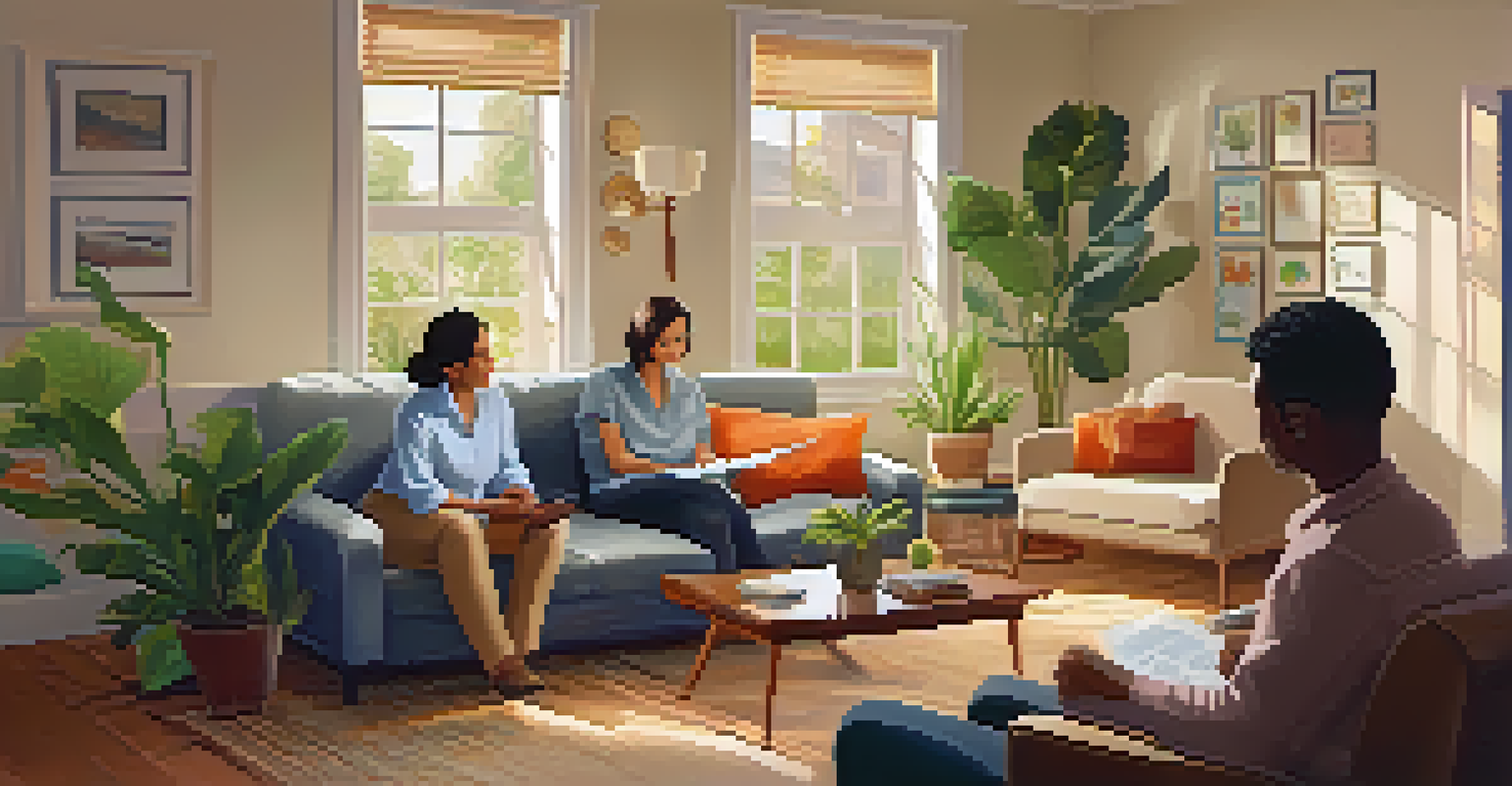 A property manager interviewing tenants in a cozy living room with sunlight streaming through the window.