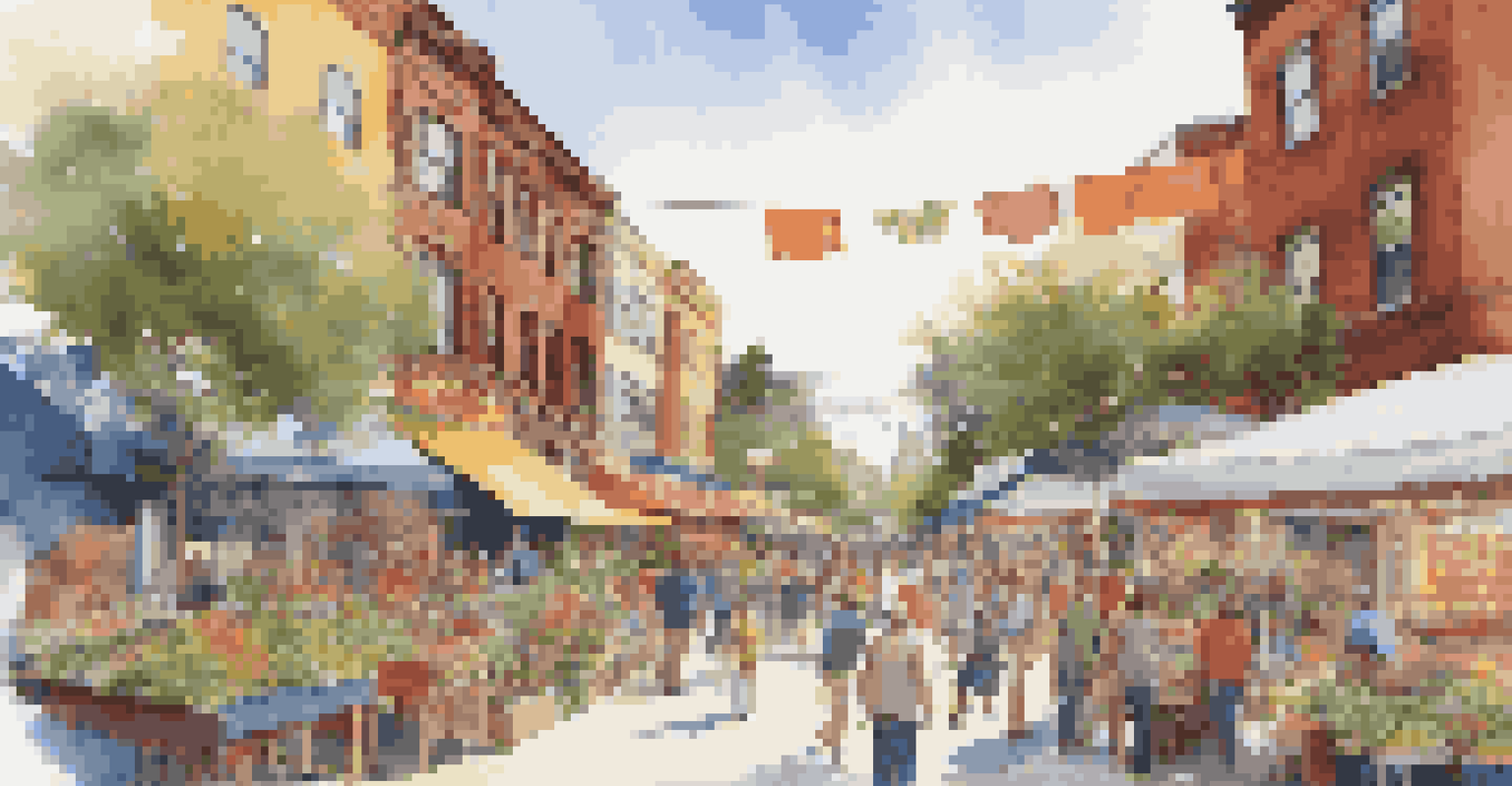 A lively neighborhood revitalization with colorful murals, street market, and happy people interacting.