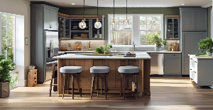 A modern kitchen with sleek cabinets, energy-efficient appliances, and granite countertops, illuminated by natural light from a window.