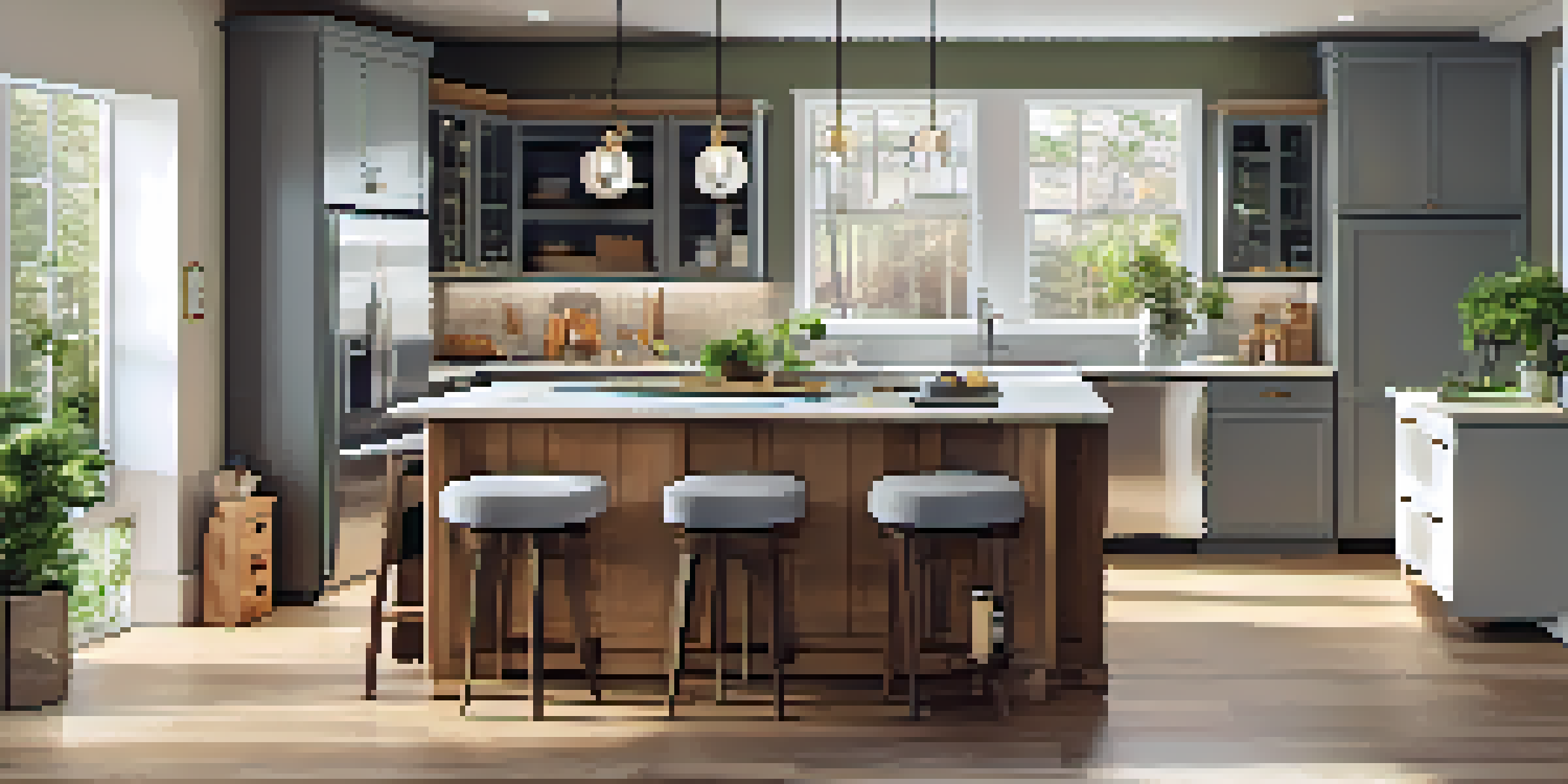 A modern kitchen with sleek cabinets, energy-efficient appliances, and granite countertops, illuminated by natural light from a window.