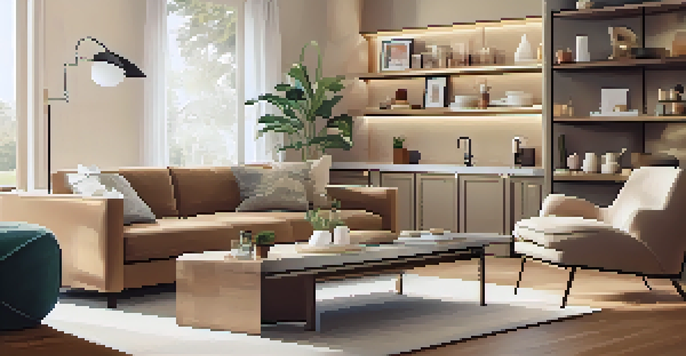 A cozy living room with smart home devices including lights, thermostat, and coffee maker, illuminated by natural light.