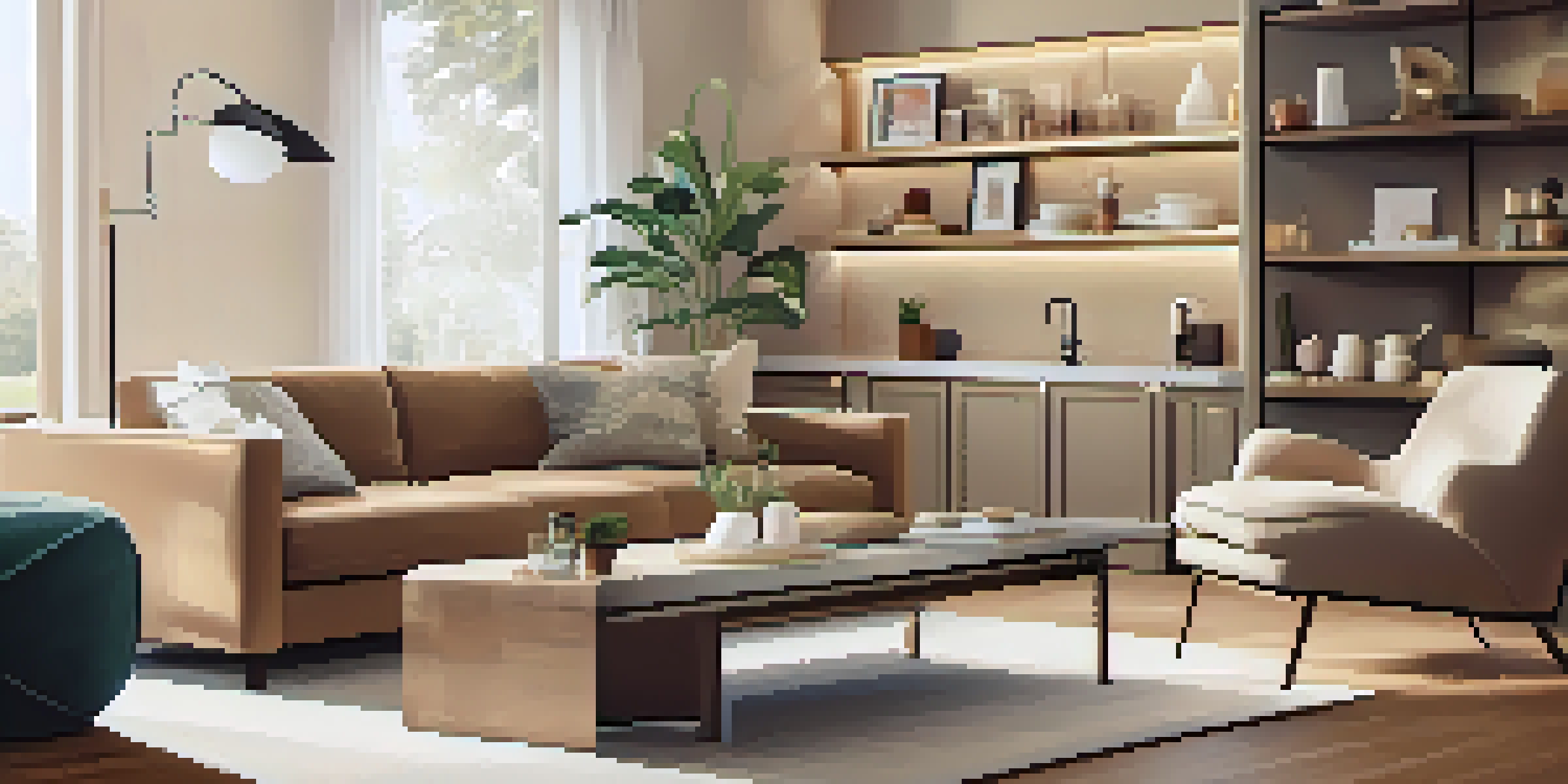 A cozy living room with smart home devices including lights, thermostat, and coffee maker, illuminated by natural light.