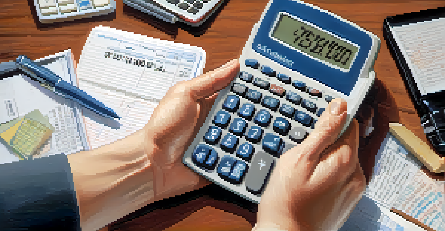 A hand holding a calculator with a notepad of budgeting notes in the background, representing financial management.