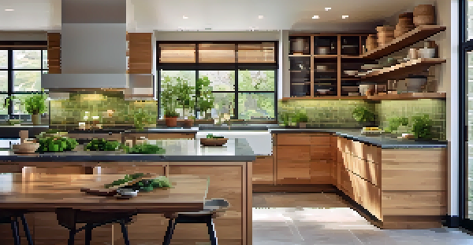 A sustainable kitchen with natural stone countertops, recycled glass tiles, and energy-efficient windows, illuminated by soft natural light.