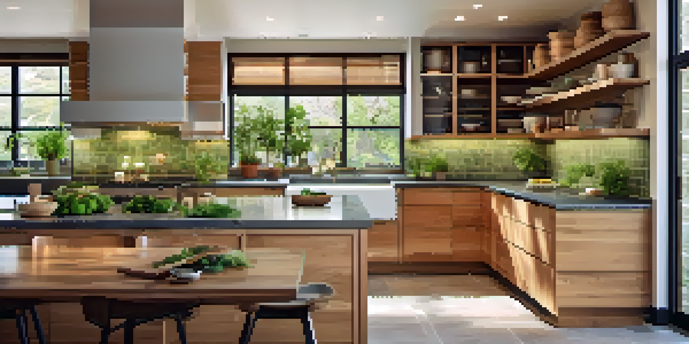 A sustainable kitchen with natural stone countertops, recycled glass tiles, and energy-efficient windows, illuminated by soft natural light.