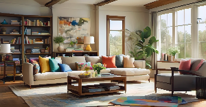 A cozy living room with a family gathering, featuring a couch, coffee table with flowers, and bookshelves.