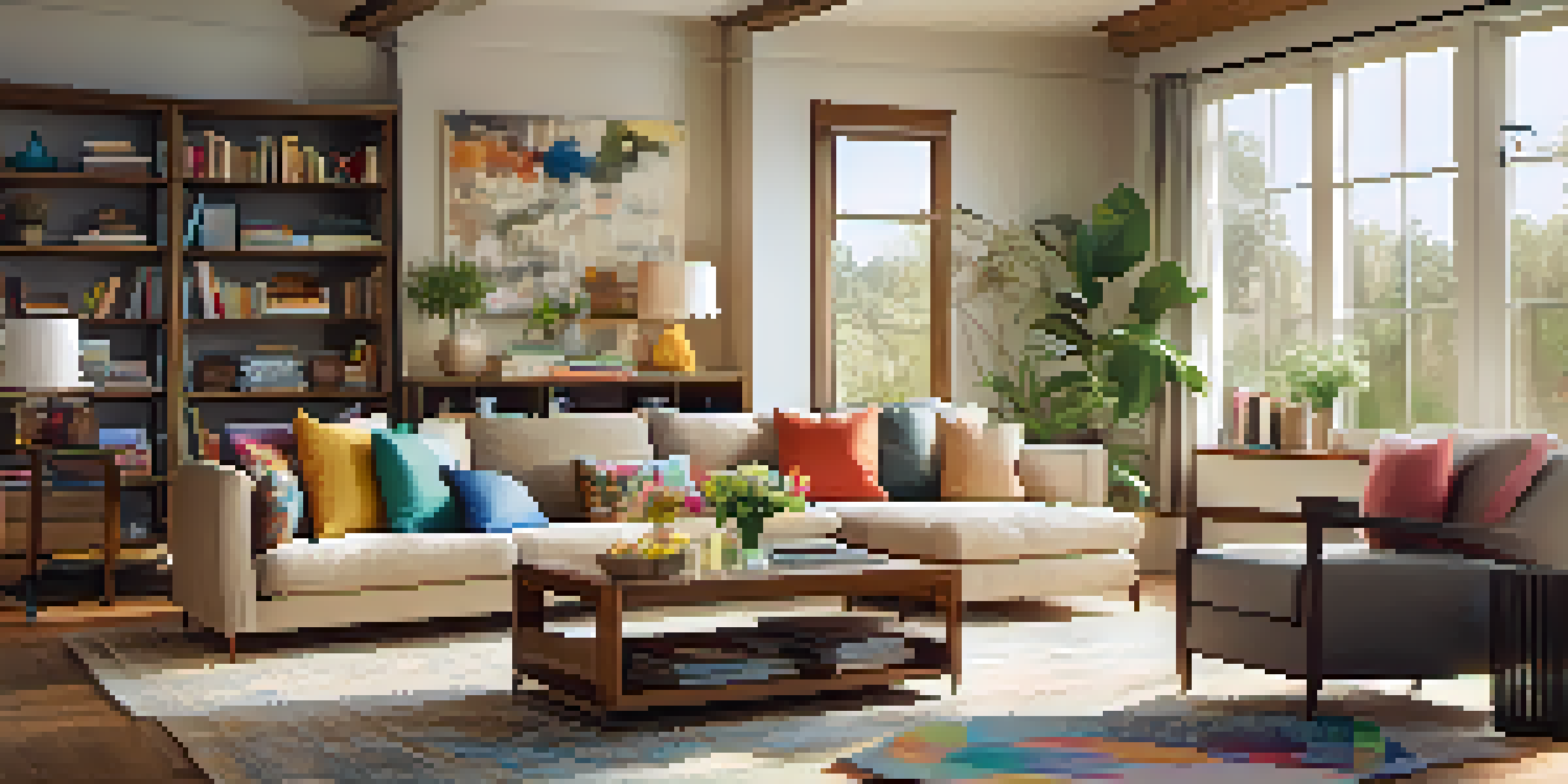 A cozy living room with a family gathering, featuring a couch, coffee table with flowers, and bookshelves.