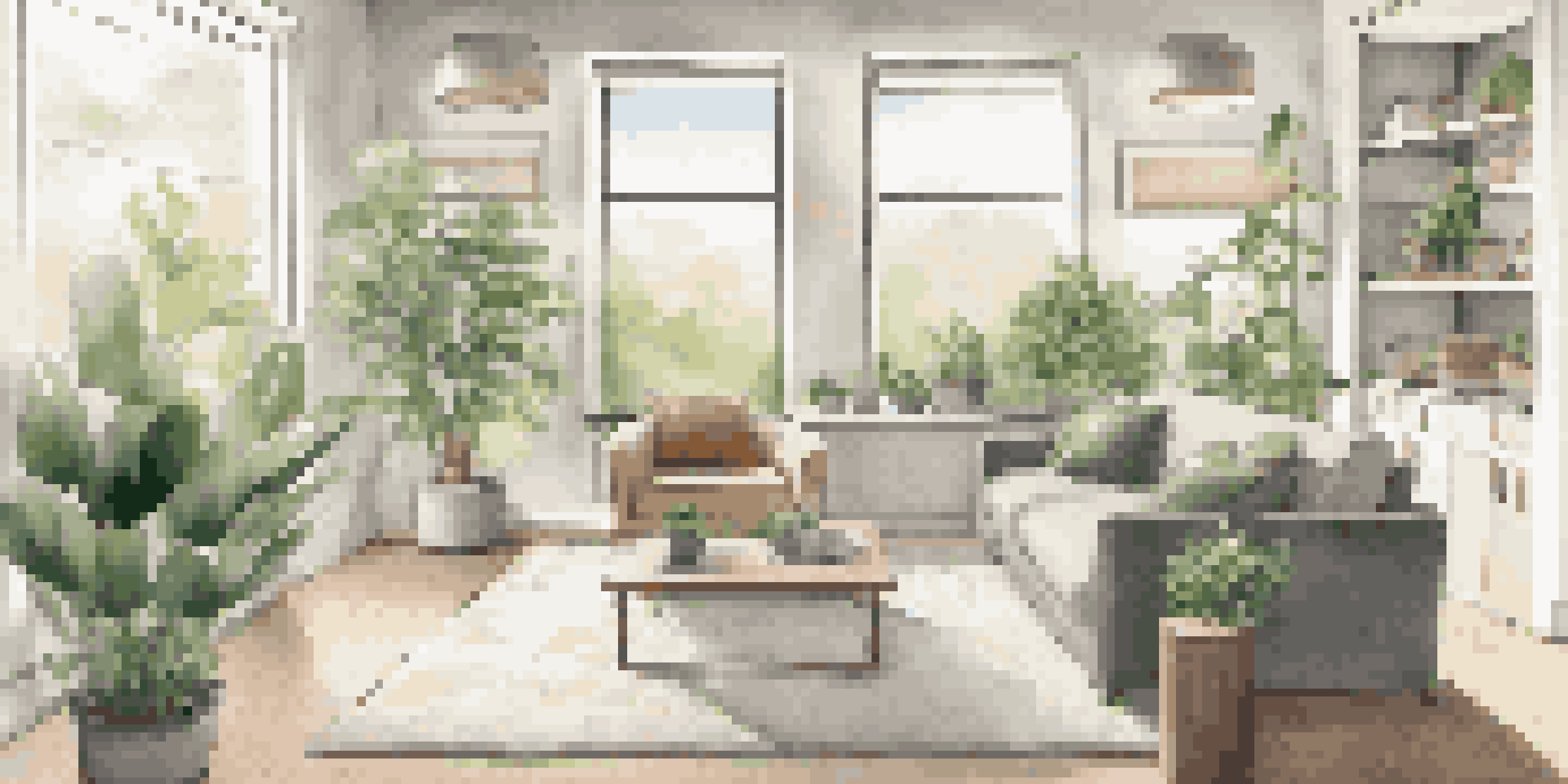 A modern living room showcasing smart home devices like a thermostat and smart lighting, with natural light and plants.