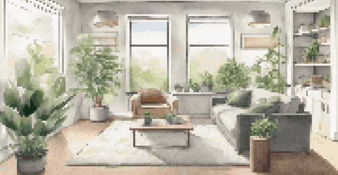 A modern living room showcasing smart home devices like a thermostat and smart lighting, with natural light and plants.