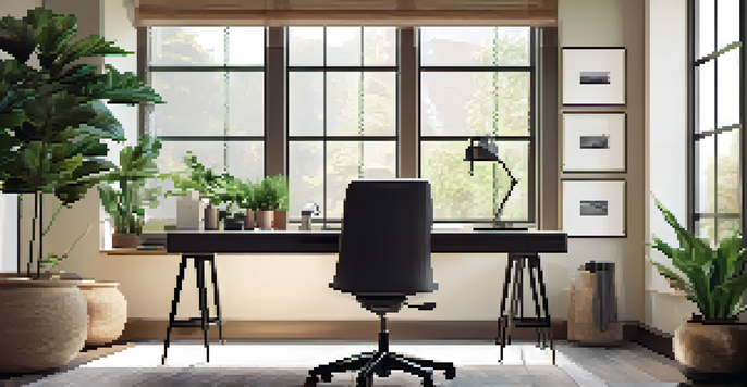 A bright and modern home office with an ergonomic chair, spacious desk, and plenty of natural light from a large window, adorned with plants and artwork.
