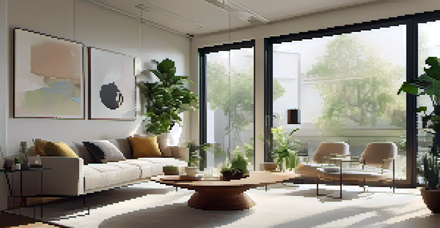 A minimalist living room with clean lines, neutral colors, and vibrant accents, filled with natural light.