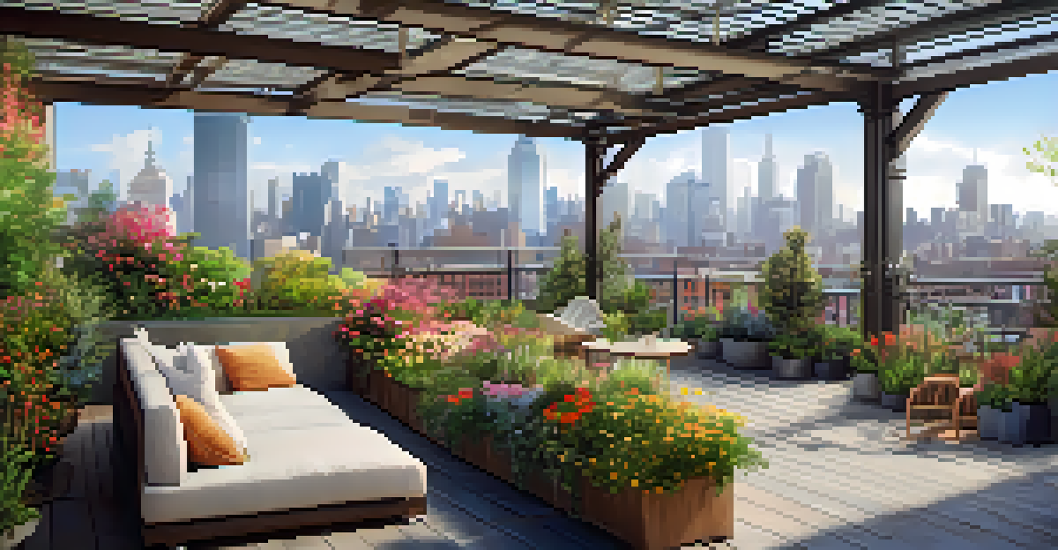 A vibrant rooftop garden with flowers and seating, overlooking a busy city skyline.