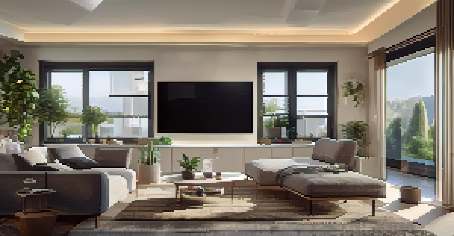 A person using a virtual reality headset in a stylish living room, surrounded by property brochures and modern decor.