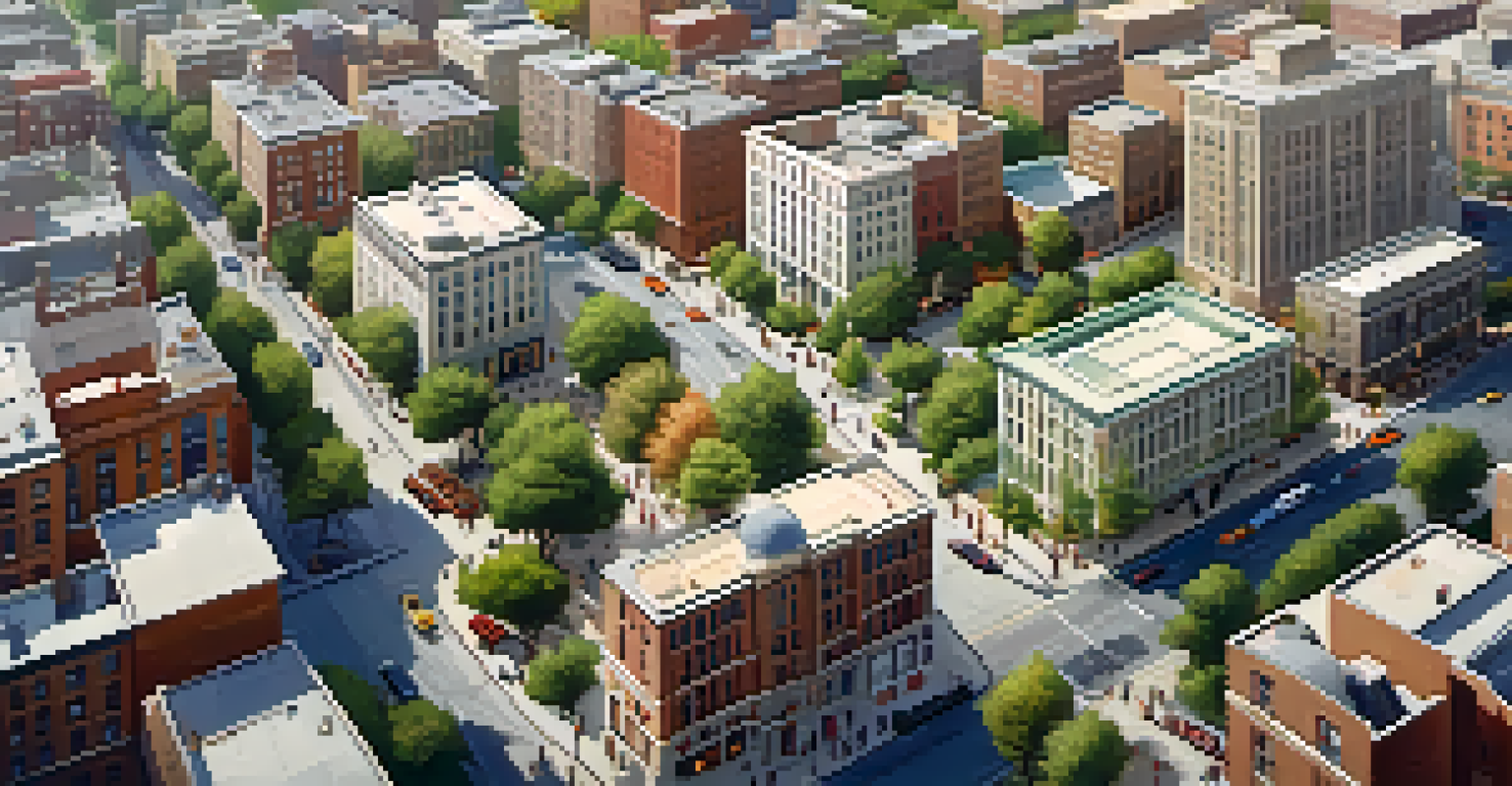 Aerial view of a vibrant urban area with buildings and parks.