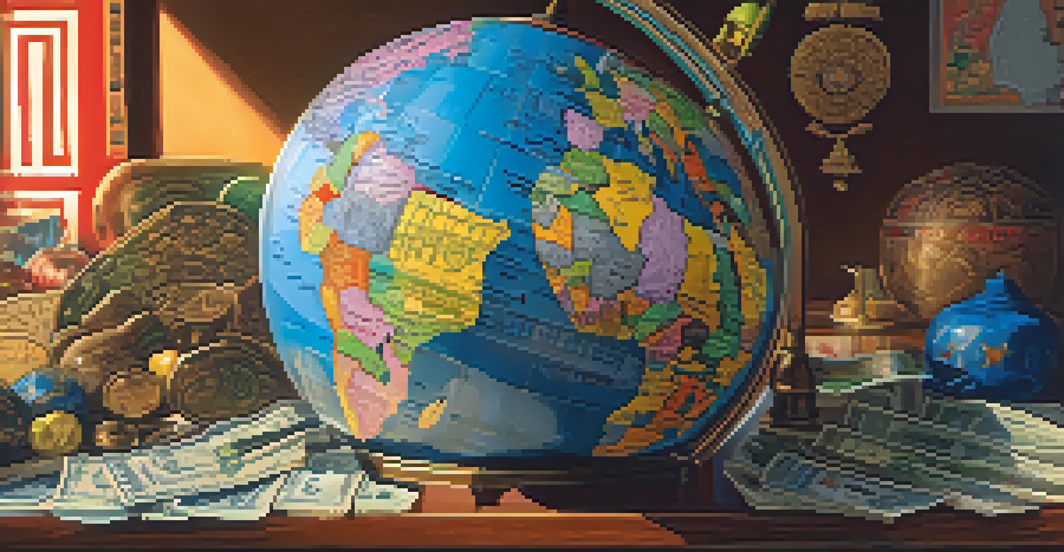 A close-up of a globe highlighting emerging markets, surrounded by cultural symbols like masks and currency notes on a wooden table.
