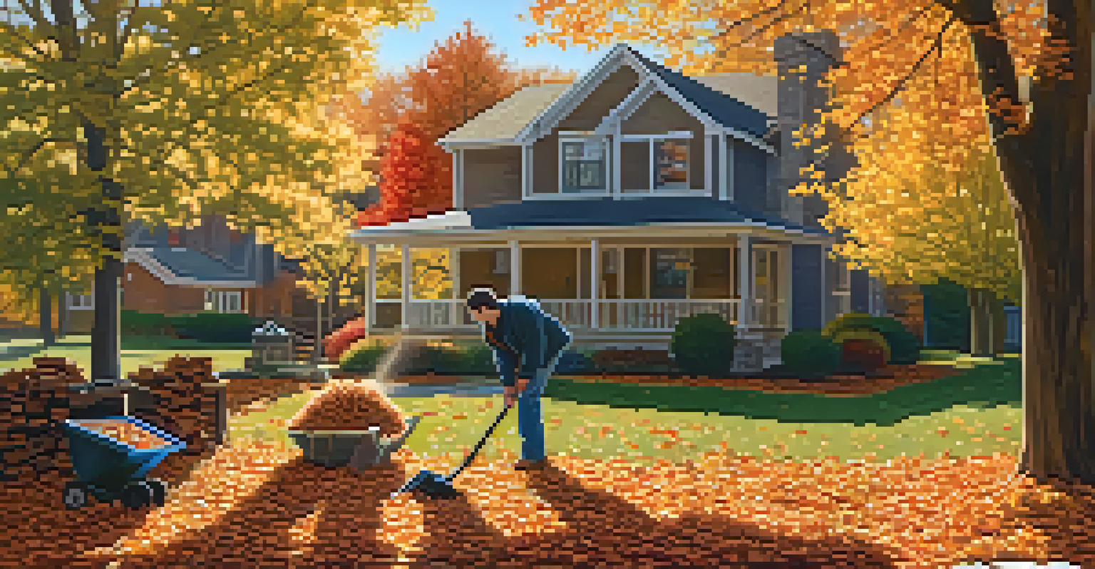 An autumn backyard with a person using a leaf blower surrounded by colorful fallen leaves and tools for winter preparation.