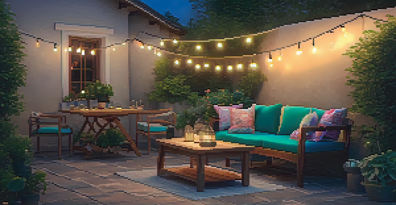 An inviting outdoor patio with string lights and lanterns, a small table set for two, and greenery surrounding the area.