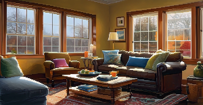 A cozy living room in winter with energy-efficient windows, soft lighting, and a steaming mug on a coffee table.