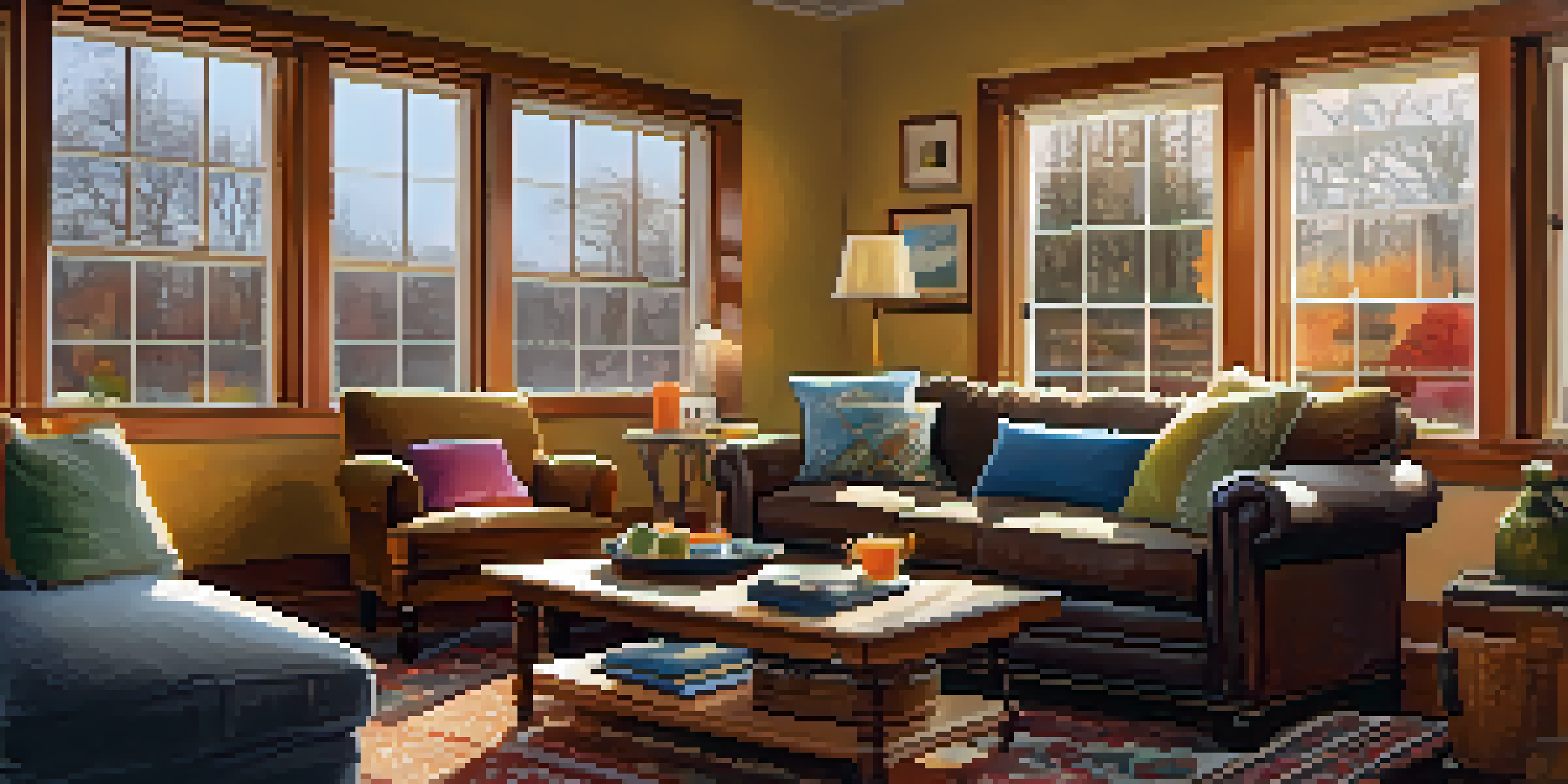 A cozy living room in winter with energy-efficient windows, soft lighting, and a steaming mug on a coffee table.