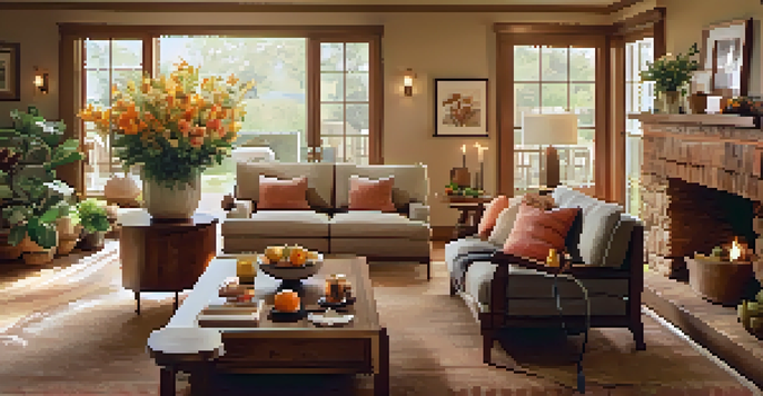 A cozy living room with soft lighting, plush furniture, and a warm ambiance, featuring fresh fruits and flowers.