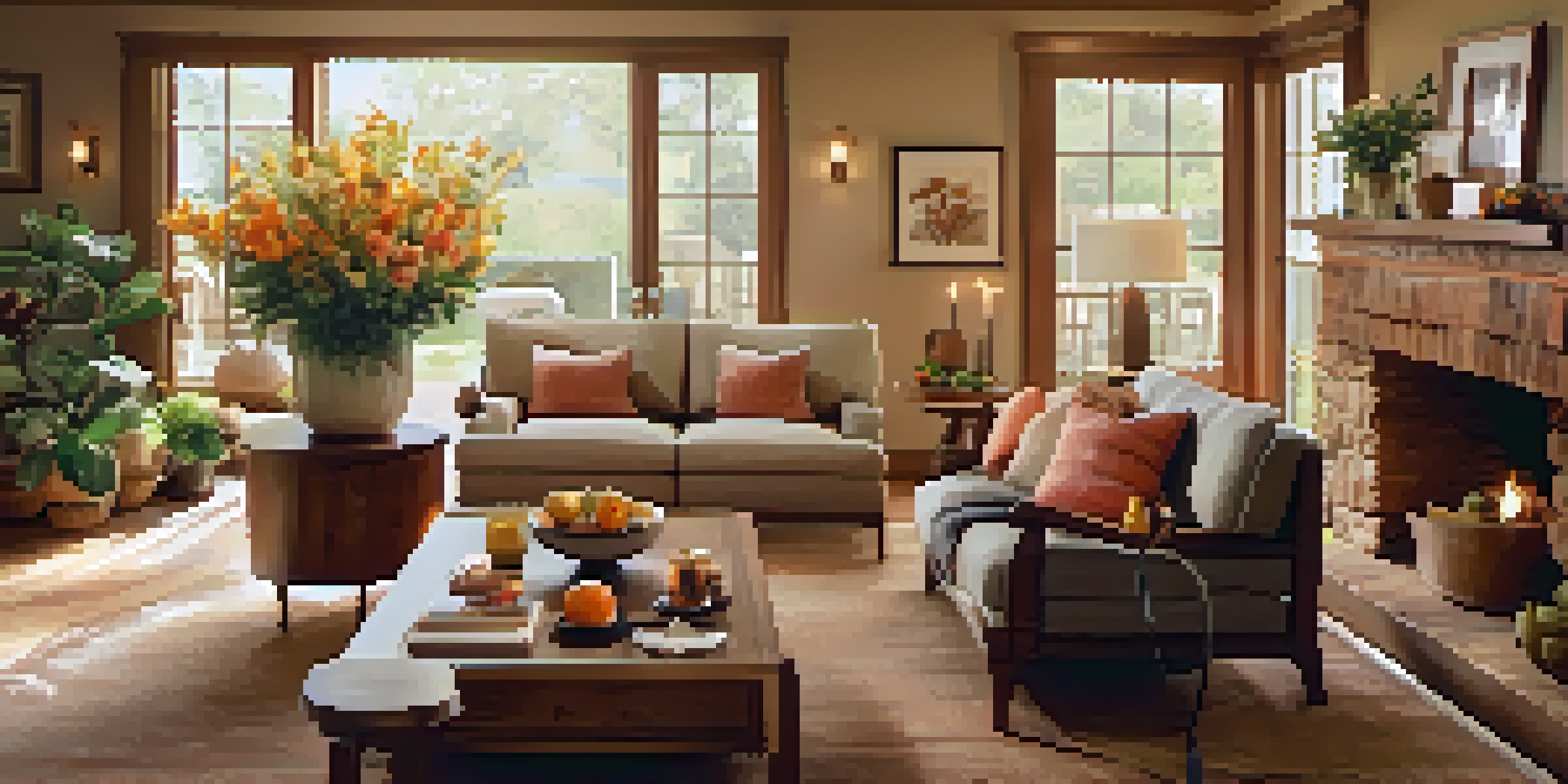 A cozy living room with soft lighting, plush furniture, and a warm ambiance, featuring fresh fruits and flowers.