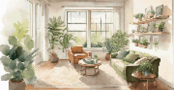 A bright living room with large windows, a cozy reading nook with an armchair, and indoor plants, promoting a health-conscious design.