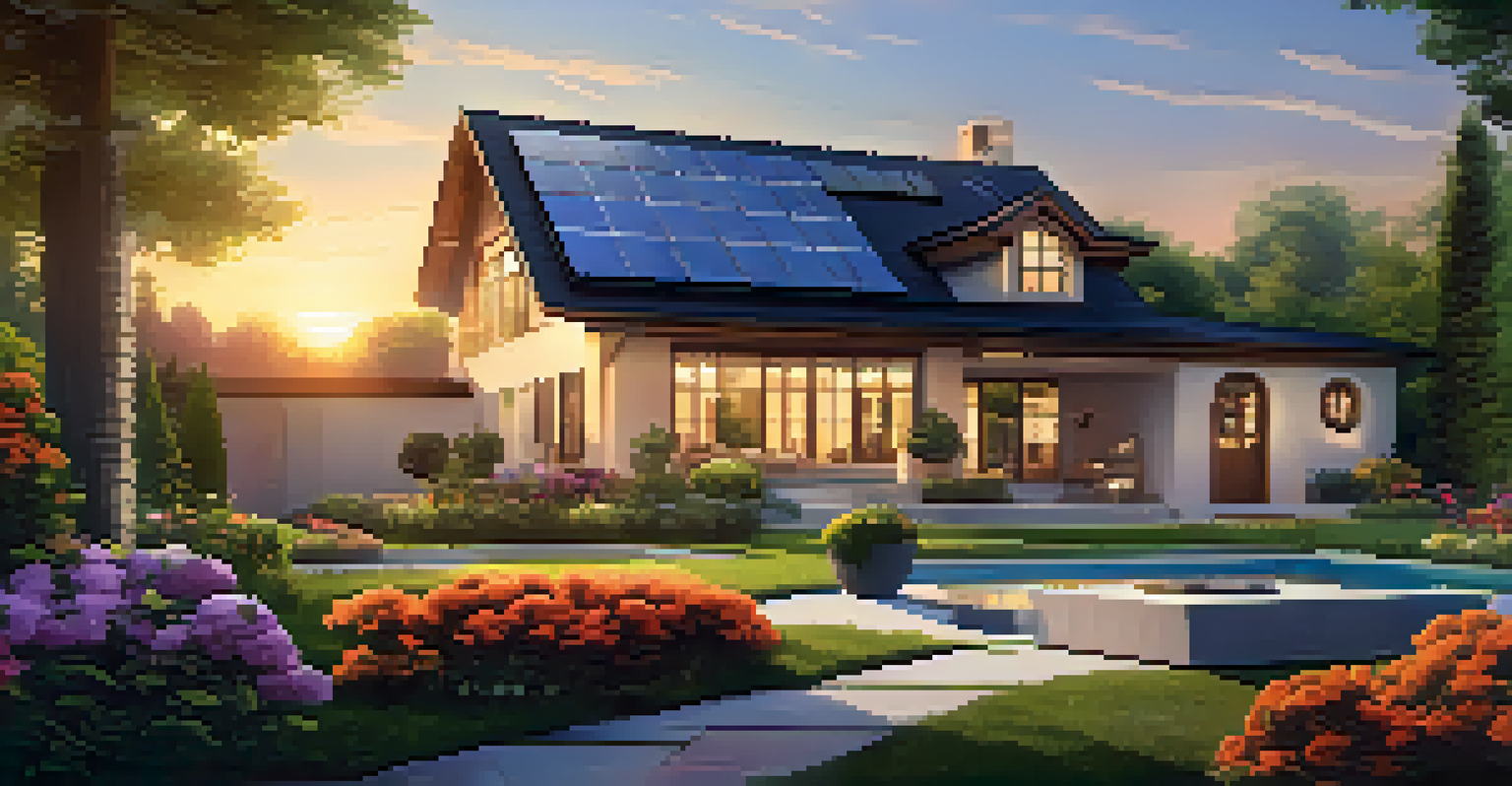 An outdoor view of a smart home with solar panels and security cameras in a beautiful garden at sunset.