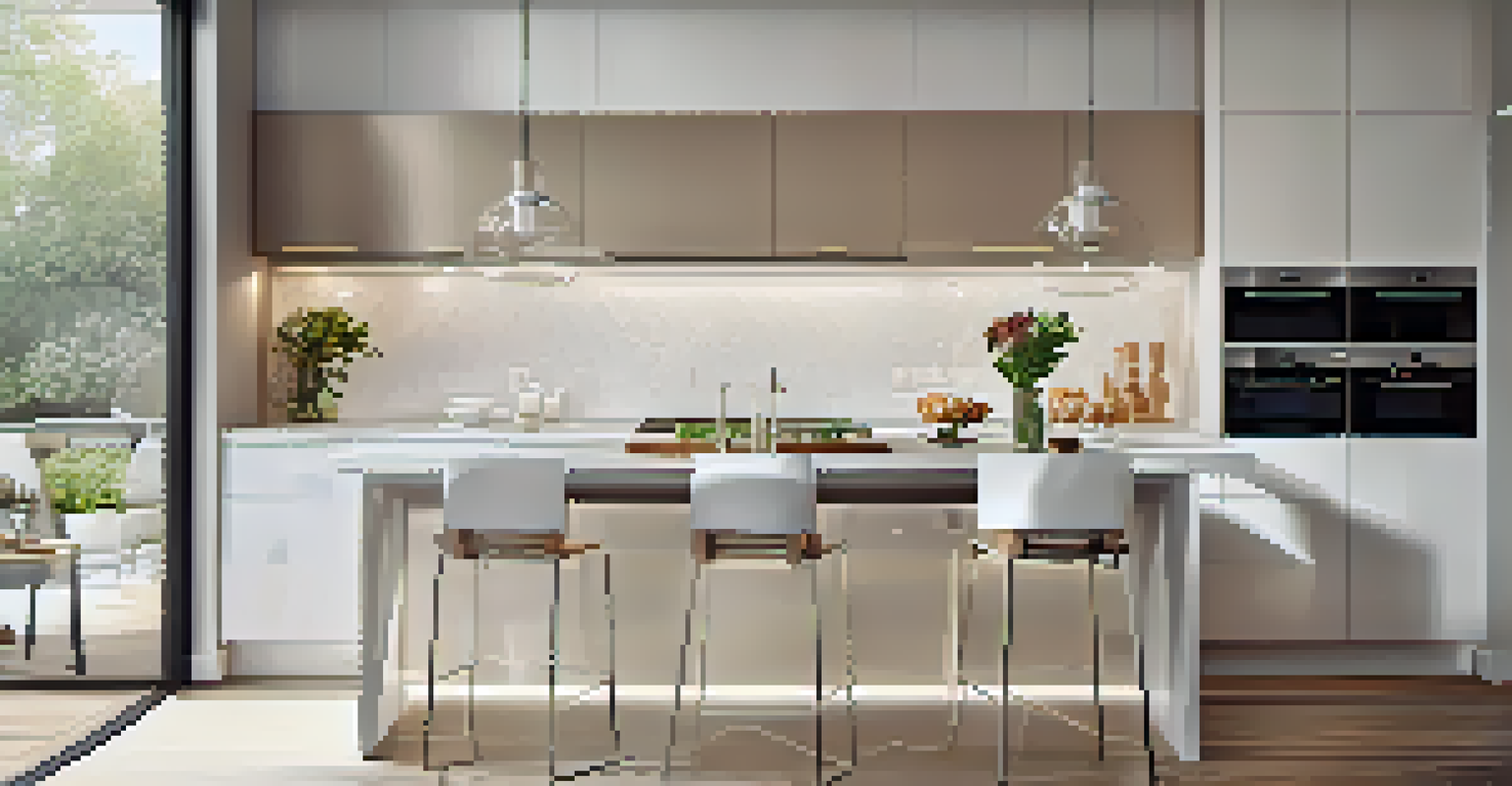 A modern kitchen with a combination of bright and warm lighting, showcasing clean lines and decor.