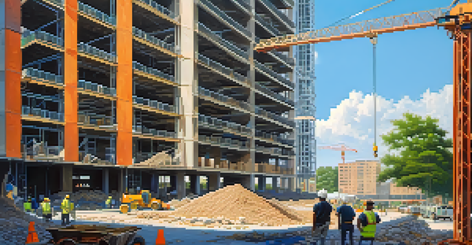 A busy construction site of a high-rise apartment building with cranes and workers, under a clear blue sky.