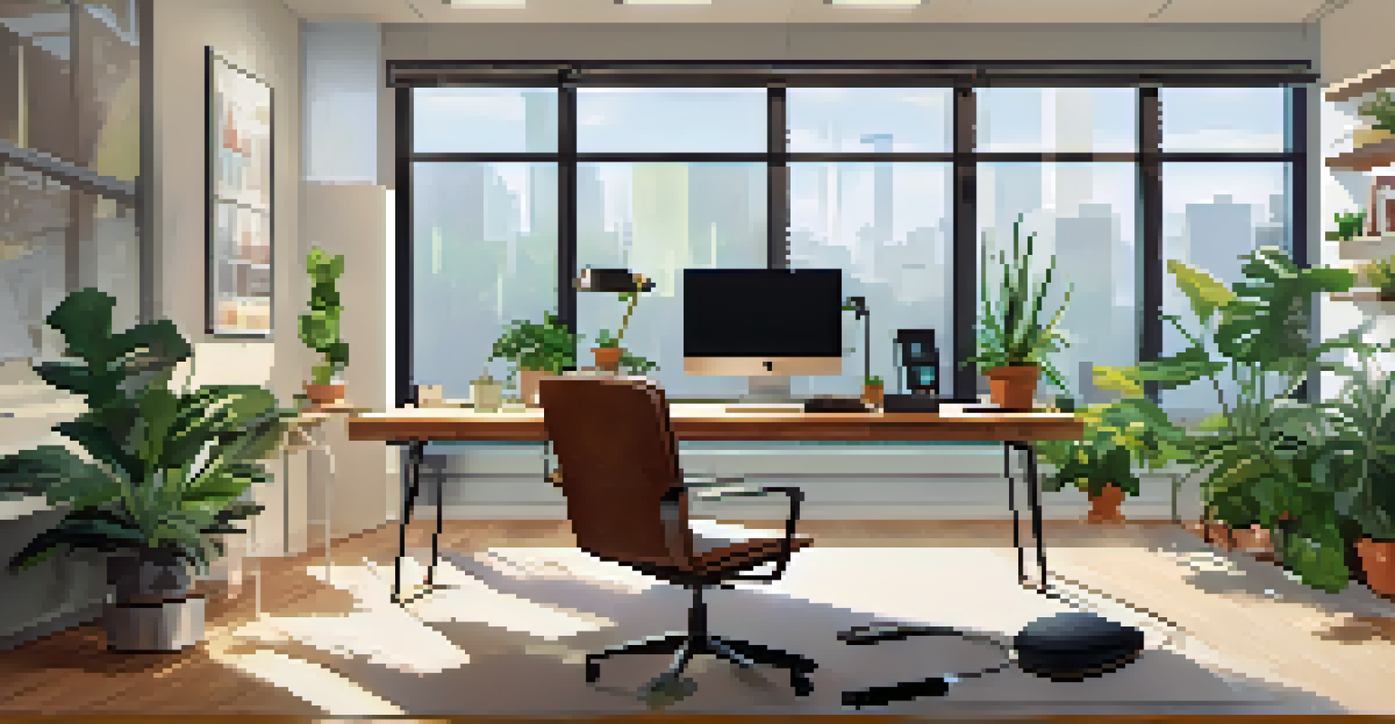 An organized office space featuring a desk with technology for breaks, noise-canceling headphones, and an exercise mat, enhanced with houseplants.
