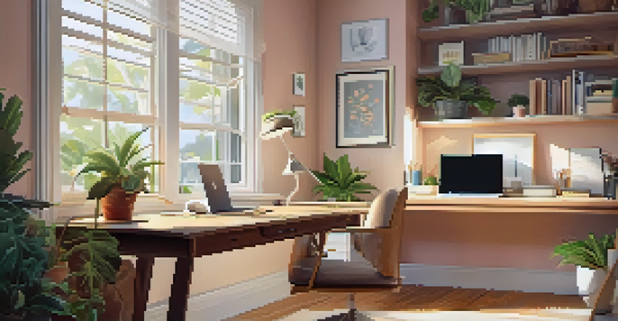 A bright and inviting home office with a large desk, a laptop, a potted plant, and a coffee mug by a window, creating a serene atmosphere.