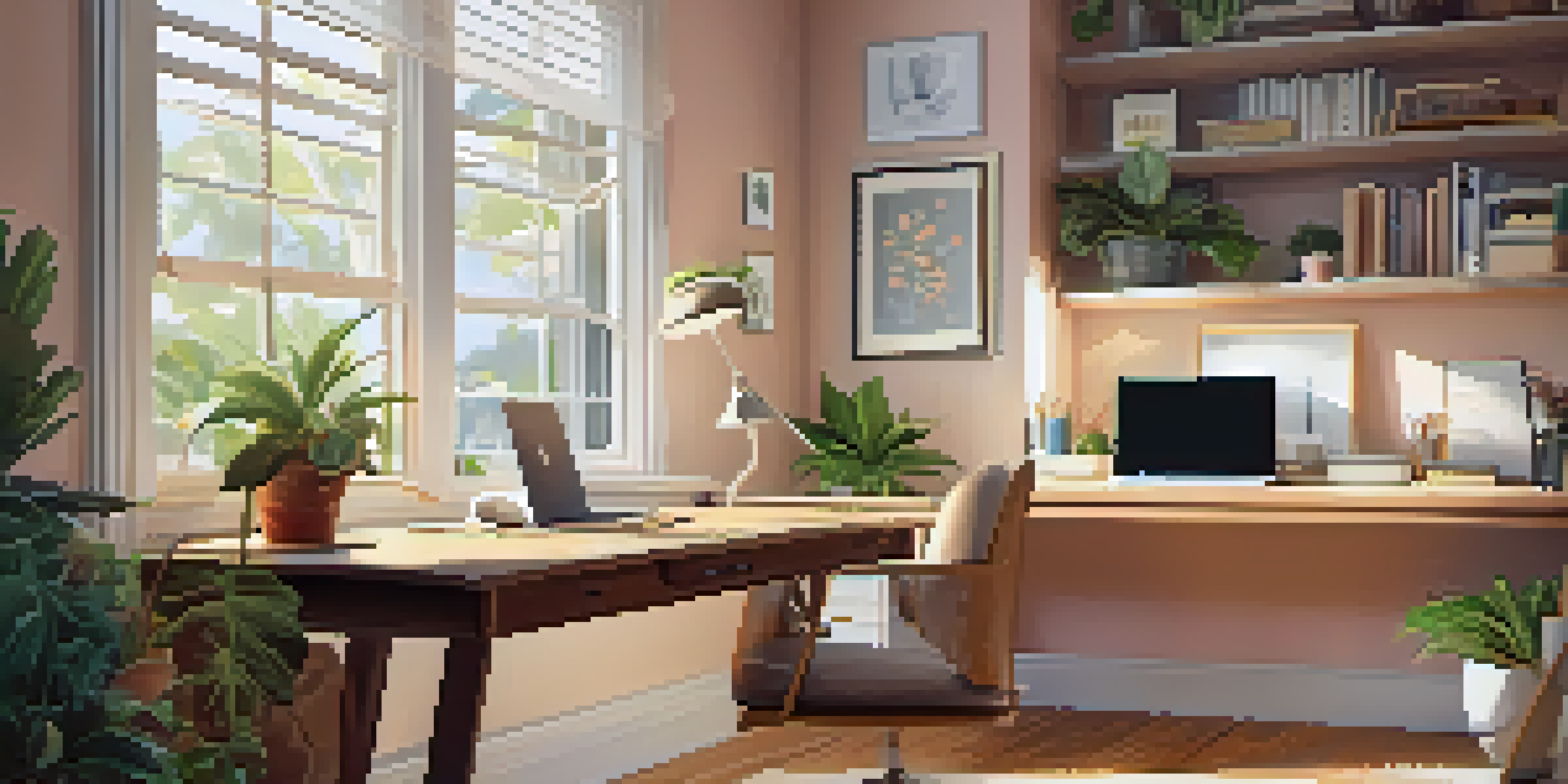 A bright and inviting home office with a large desk, a laptop, a potted plant, and a coffee mug by a window, creating a serene atmosphere.
