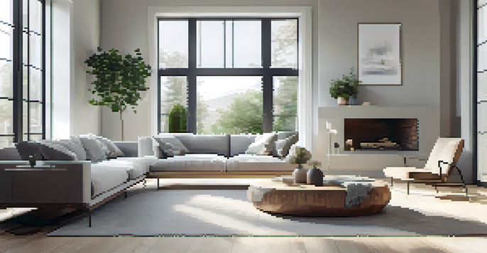 A minimalist living room with a soft gray and white color scheme, featuring a simple sofa, a wooden coffee table, and a plant, illuminated by natural light from large windows.