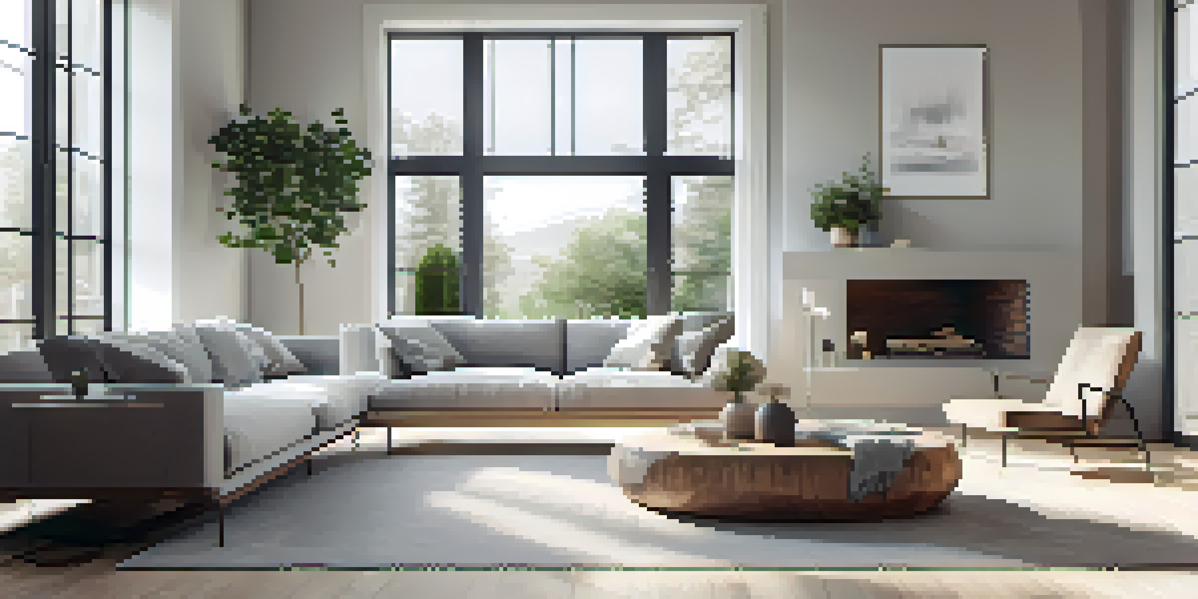 A minimalist living room with a soft gray and white color scheme, featuring a simple sofa, a wooden coffee table, and a plant, illuminated by natural light from large windows.