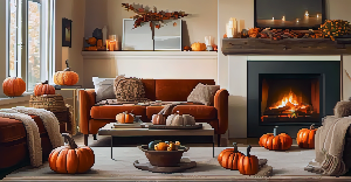 A warm and cozy autumn living room filled with rich colors and seasonal decorations.