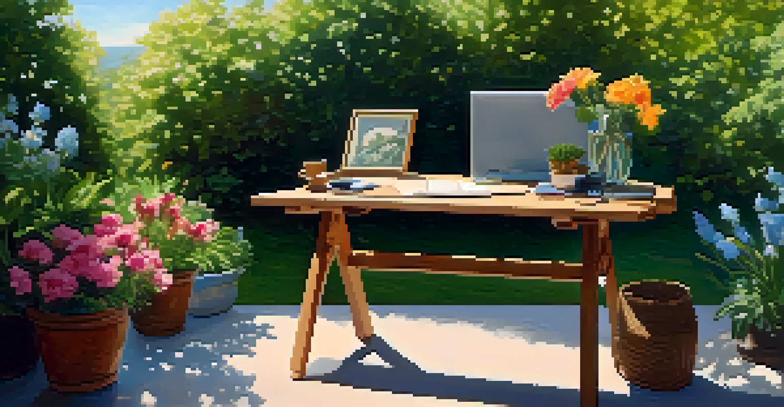 A tranquil outdoor workspace in a garden with a desk and chair, surrounded by flowers and sunlight.