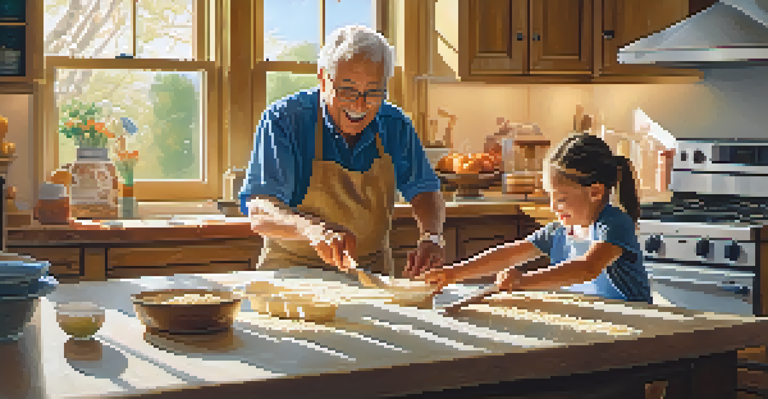 A grandfather and his grandchild baking cookies together in a bright kitchen, with flour on the countertop and ingredients around them, capturing their joyful expressions.