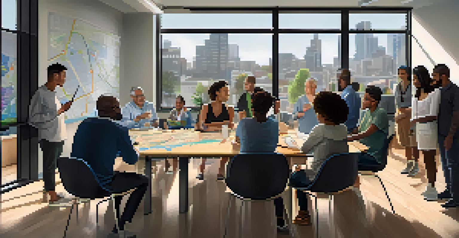 A community engagement meeting with diverse residents discussing city initiatives, surrounded by digital displays in a well-lit room.