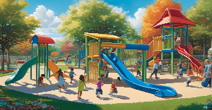 Children playing happily in a colorful outdoor play area surrounded by trees and flowers.