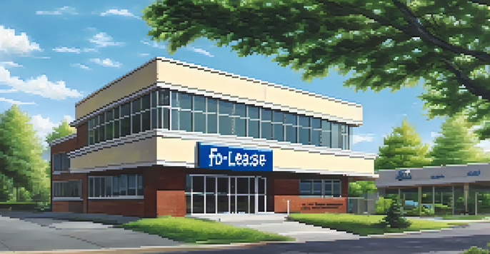 A close-up of a 'For Lease' sign in front of a commercial building with greenery.