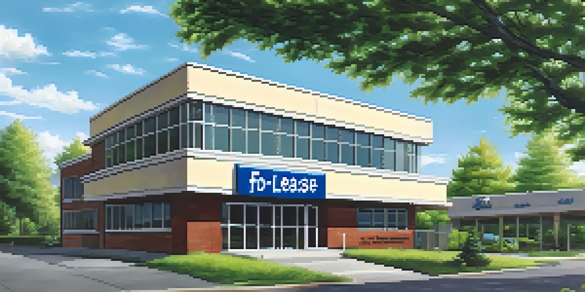 A close-up of a 'For Lease' sign in front of a commercial building with greenery.