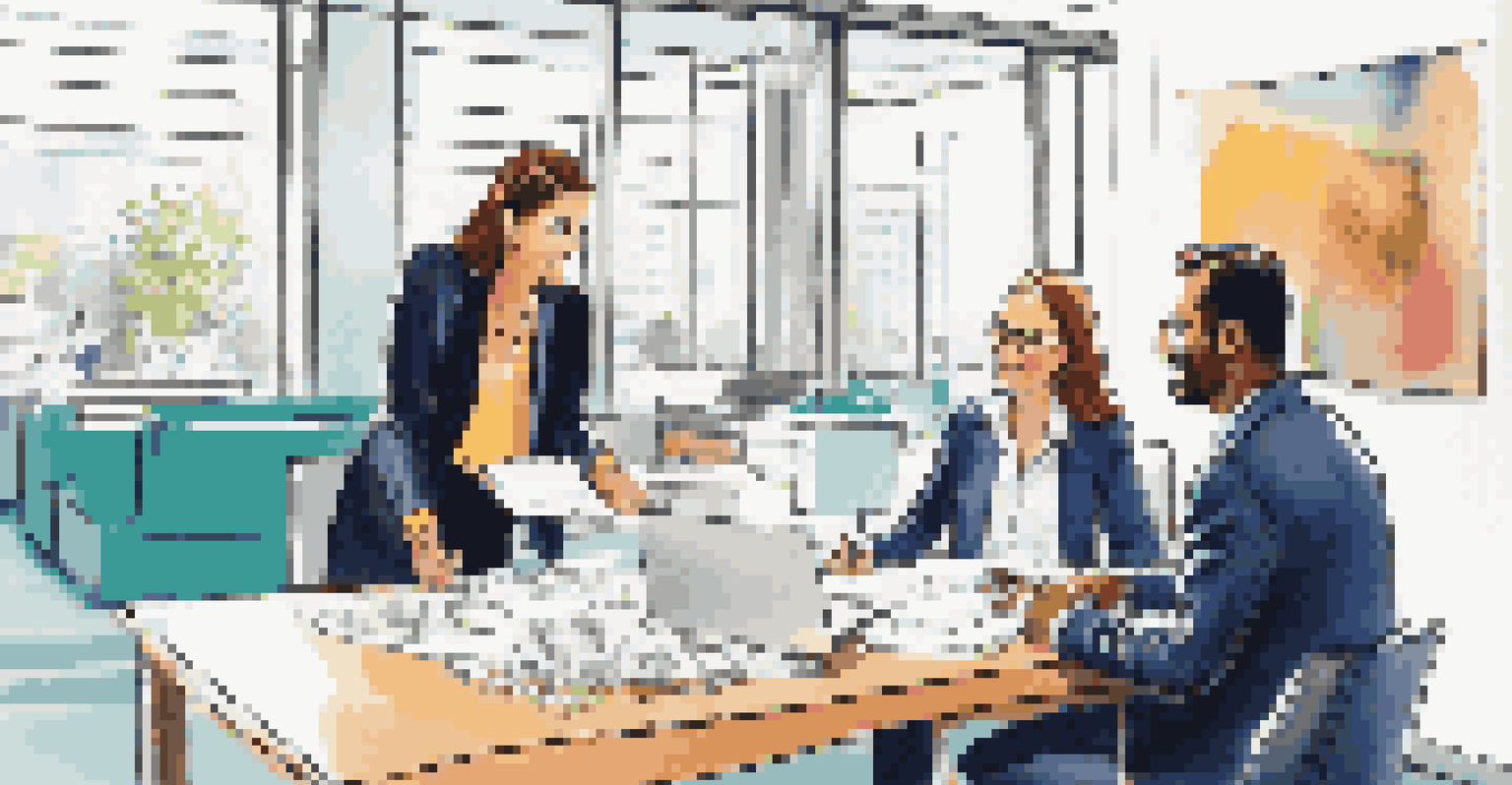 A real estate agent explaining closing costs to a couple at a table with documents and a laptop.