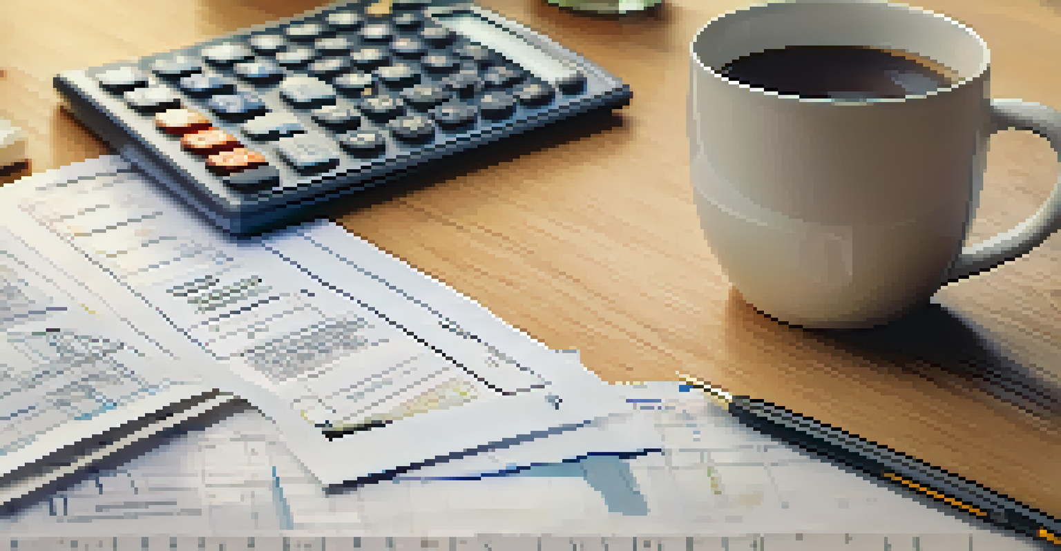 A detailed budget sheet for home renovations on a wooden table, accompanied by a calculator and coffee. The sheet includes costs for permits and repairs, highlighted notes visible.